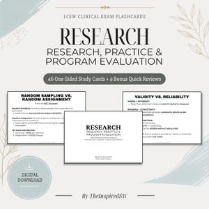 Op de afbeelding: LCSW klinische examenflashcards getiteld Research, Research, Practice & Program Evaluation. De set bevat 46 enkelzijdige studiekaarten en 4 bonus snelle beoordelingen. De kaarten bevatten tekst over aselecte steekproeven, aselecte toewijzing, validiteit en betrouwbaarheid.