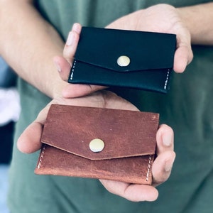 Cartera de cuero hecha a mano, tarjetero delgado, billetera delgada con bolsillo frontal para hombre, billetera plegable para tarjetas, billetera de cuero minimalista