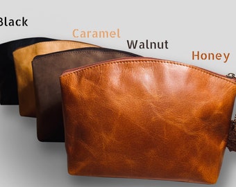 Personalized Leather Cosmetic Bag, Ideal Mothers Day, Bridesmaid, Gift for Her, Leather Toiletry Bag Womens