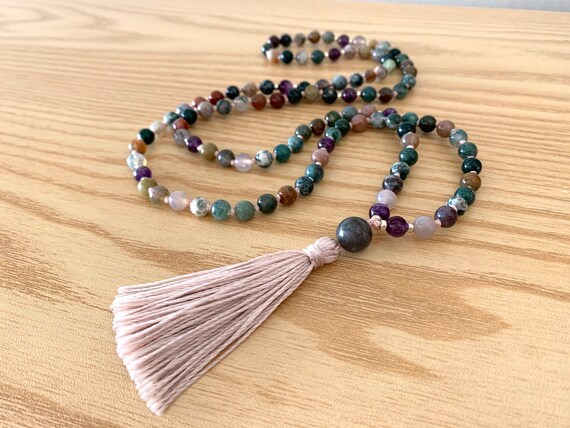 6mm Indian Colorful Agate Gem Knotted Tassel 108 Bead Mala Necklace Colorful 6mm Indian Colorful Agate Gem Knotted Tassel 108 Bead Mala Necklace Colorful