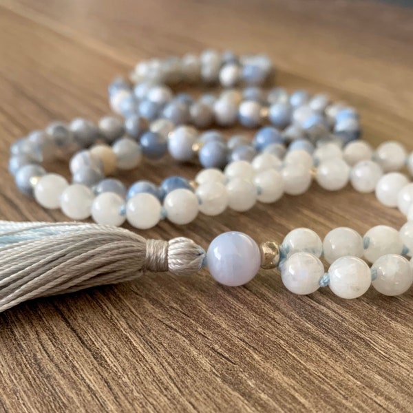 The HEAVEN TO EARTH Mala, 108 Bead Blue Banded Botswana Agate + Rainbow Moonstone Mala, 6mm Beads, Hand knotted with Intention