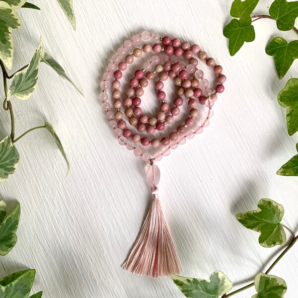 I am LOVE Mala, 108 Bead Rhondonite + Rose Quartz Mala, 6mm Beads, Love + Healing, Traditionally made + Hand knotted with Intention