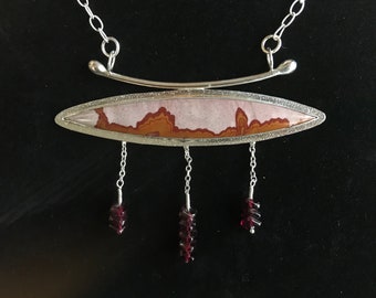 FOOTPATH to the HEAVENS — Showstopper Silver Necklace with Asian Flare Features Designer Cab of Red Falcon Jasper and Garnet Beads