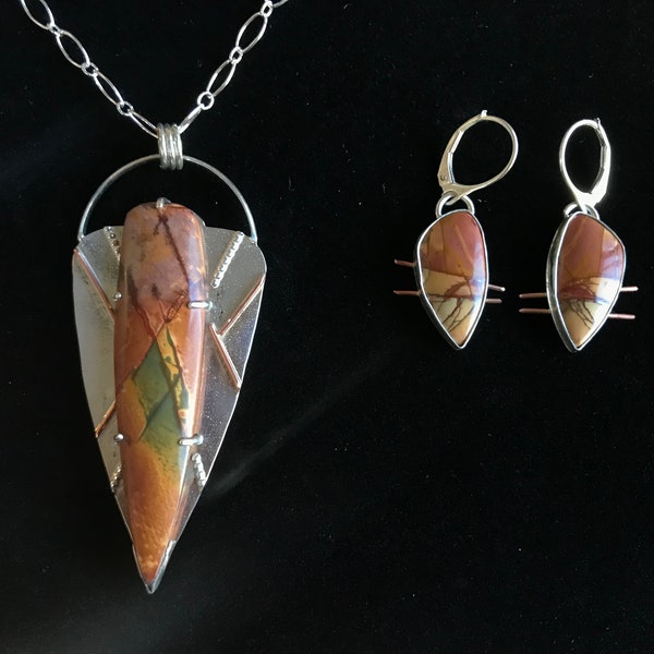 CUBISM -- One-of-a-kind Red Creek Jasper Necklace and Earring Set in Sterling Silver with Copper Accents