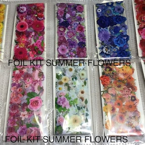 May include: A set of eight foil kits featuring different summer flower designs. Each kit includes a sheet of foil with a floral pattern, perfect for crafting and nail art.