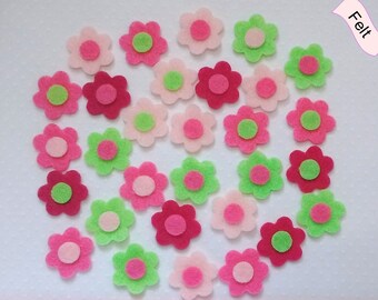 Little Felt Flowers, 7/8", Die Cut Felt Flowers, Small Flowers,  Bright Assortment, Pink & Green, Choose Quantity