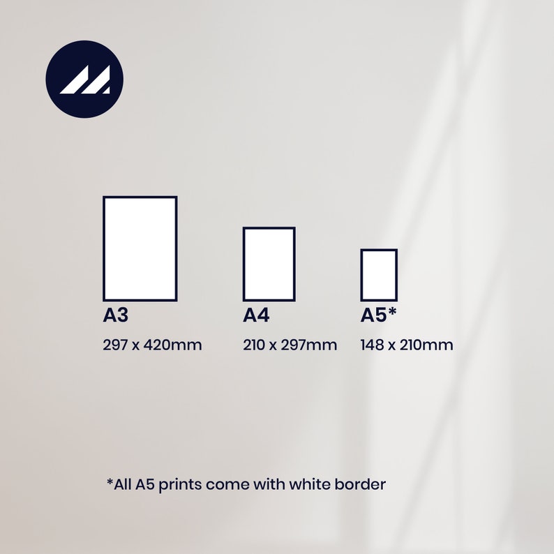 May include: A chart showing the different sizes of paper prints available, including A3, A4, and A5. The A3 print measures 297 x 420 mm, the A4 print measures 210 x 297 mm, and the A5 print measures 148 x 210 mm. The A5 prints come with a white border.