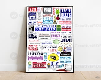 May include: A colorful poster with quotes and images from the popular television show "The Office". The poster features a variety of characters and scenes from the show, including Michael Scott, Dwight Schrute, Jim Halpert, and Pam Beesly. The poster is a great way to show your love for the show and add a touch of humor to your home or office.