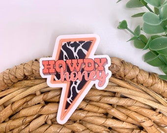 Howdy honey sticker, cow print lightning bolt sticker, pink howdy sticker, cooler stickers, western stickers, pink cow print sticker, preppy