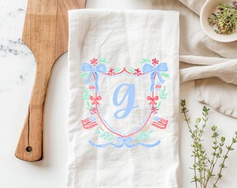 Personalized Patriotic Monogram Kitchen Towel, Grand Millennial Fourth of July Tea Towel, Red White Blue Americana Dish Towel, 4th of July