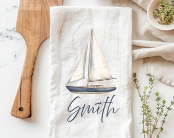 Custom Sailboat Kitchen Towel, Personalized Sailboat Tea Towel, Custom Name Nautical Tea Towel, Beach House Dish Towel, Lake House Towel