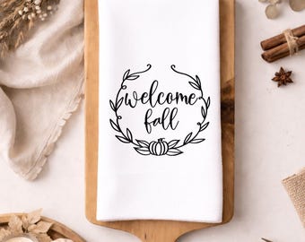 Welcome fall flour sack tea towel, cute fall kitchen towels, happy fall tea towels, fall kitchen towels, fall tea towels, autumn dish towels