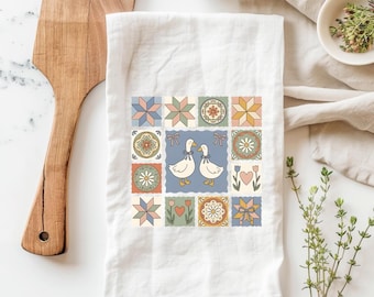 Farmhouse Goose Kitchen Towel, Vintage Tile Duck Tea Towel, Goose Kitchen Towel, Goose Tea Towel, Floral Tile Dish Towel, Country Dish Towel