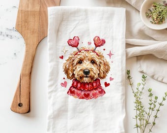 Goldendoodle kitchen towel, Valentine's kitchen towel, dog tea towel, Golden Doodle Flour Sack Towel, Galentines gift, Valentine's gift