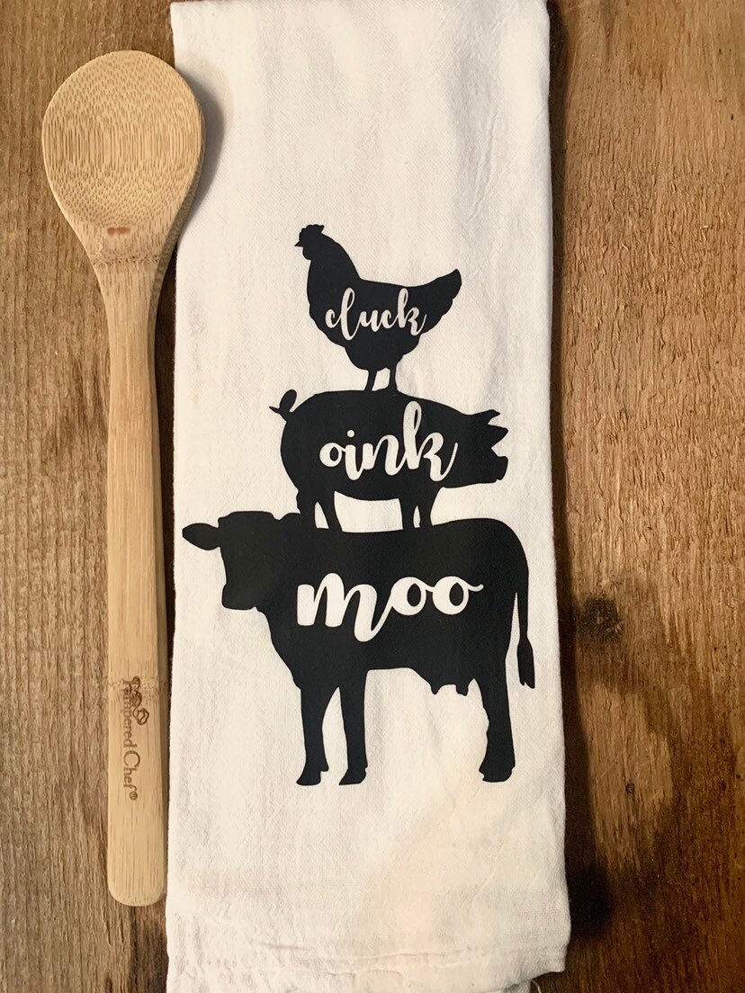 Moo Oink Cluck Kitchen Towel Stacked Farm Animals Tea Etsy