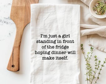 Hoping dinner will make itself tea towel, Funny tea towels, flour sack towels, funny kitchen towels, funny dish towels, housewarming gifts,