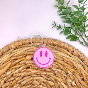 Pink smiley face key chain, acrylic keychain, trendy keychain, key ring charm, pink key chain, BFF gift, smiley keychain, cute keychain