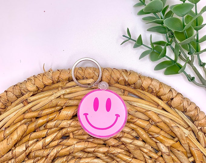 Pink Smiley Face Key Chain Acrylic Keychain Trendy Keychain Etsy