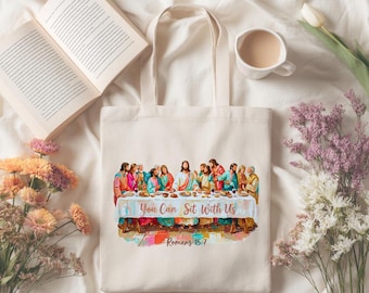 You Can Sit With Us Tote Bag, Reusable Tote Bag,  Girly Tote Bag, Trendy Tote Bag, Christian Tote Bag, Bible Verse Bag, Bible Bag, Jesus Bag