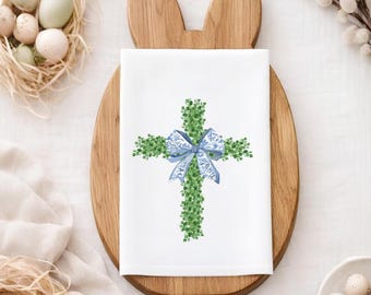 Greenery Cross Kitchen Towel, Christian Tea Towel with Blue Bow, Faith Farmhouse Decor, Easter Religious Gift, Linen Dish Towel