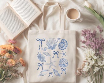 Coastal Seashell Tote Bag, Blue Shell Illustration Canvas Bag, Beach Aesthetic Tote, Ocean Lover Gift, Summer Market Bag