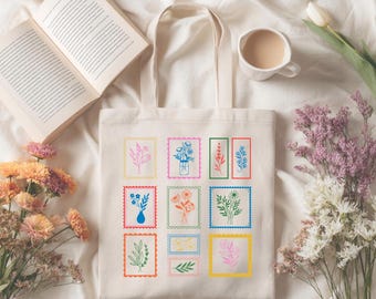 Floral Stamp Tote Bag, Reusable Tote Bag,  Girly Tote Bag, Trendy Tote Bag, Retro Stamp Bag, Flower Tote Bag, Cute Grocery Bag, Eco Friendly