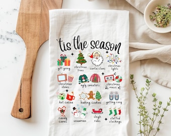 Tis the season Christmas towel, vintage Christmas towel, Retro Christmas kitchen towel, santa towel, Christmas Tree Tea Towel, snowman towel