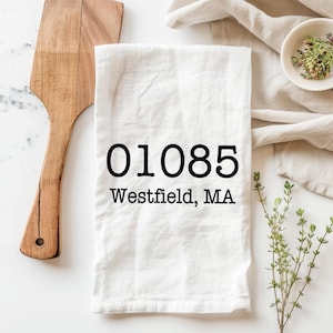 Zip code and city tea towel, custom housewarming gift, personalized tea towel, floursack tea towel, custom kitchen towels, custom city towel