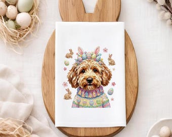 Goldendoodle Easter Towel, Easter Dog Kitchen Towel, Spring Puppy Tea Towel, Cute Easter Bunny Dog Decor, Easter Gift for Dog Lovers