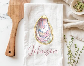 Personalized Oyster Kitchen Towel, Custom Name Coastal Dish Towel, Beach House Kitchen Towel, Sea Life Tea Towel, Ocean Kitchen Towel