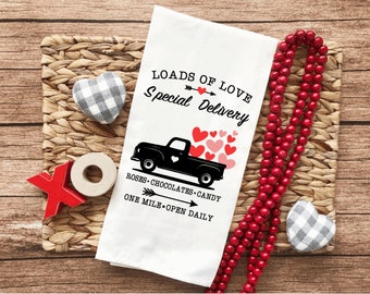 Valentine’s Day Old Truck Tea Towel, Valentine’s Day Kitchen Towels, Farmhouse flour sack tea towel, kitchen tea towels, valentines decor