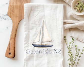 Personalized Coastal Sailboat Kitchen Towel, Custom City State Beach House Tea Towel, Custom Nautical Towel, Custom Beach House Dish Towel
