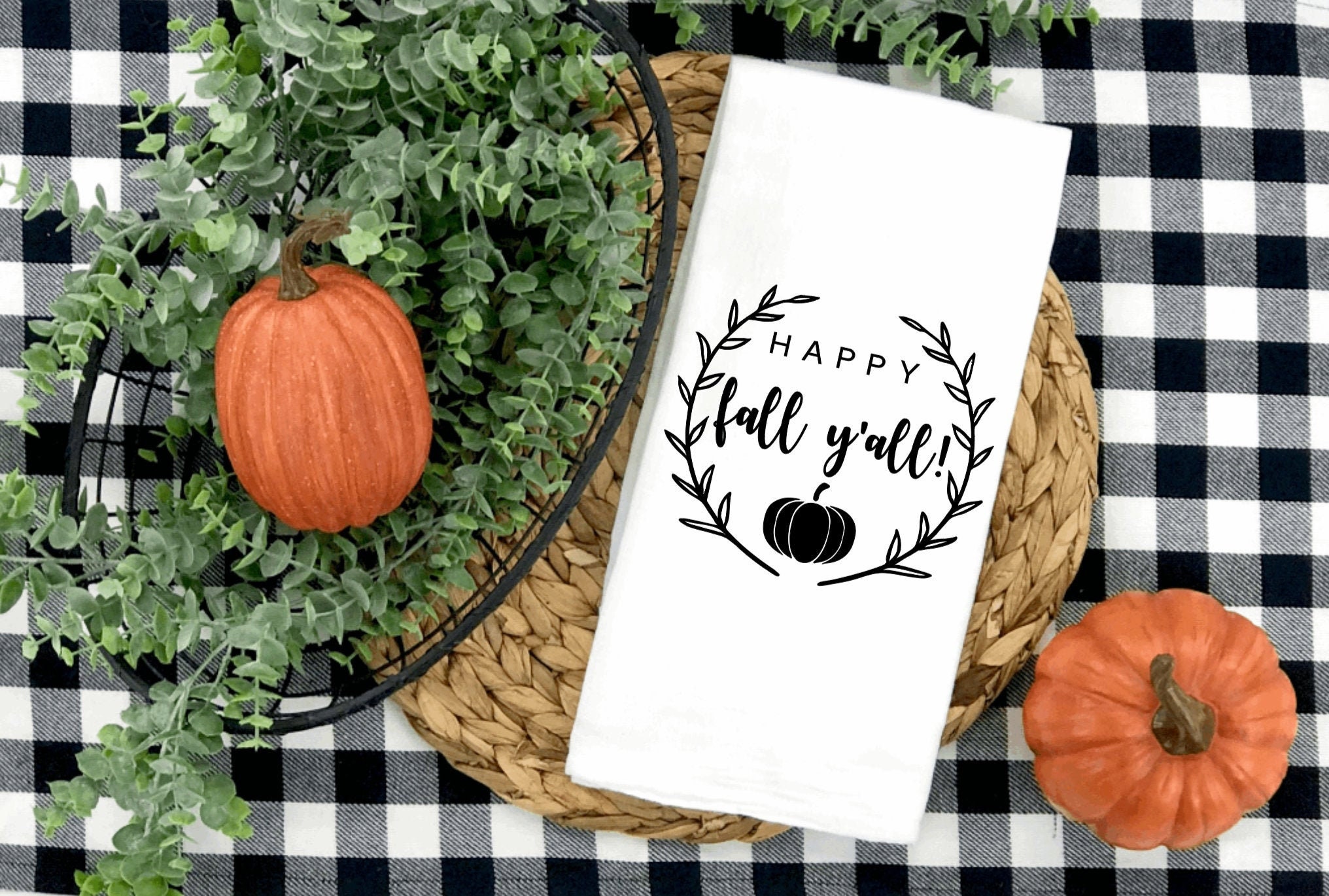 RTS Happy Fall Y'all Kitchen Tea Towels; Ready to Ship; Embroidered 20 x 28 Flour Sack Towel 100% Cotton
