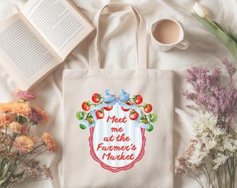 Meet me at the farmers market tote bag, farmers market bag, Cute Tomato Grocery Bag, Reusable Canvas Tote, Summer Market Aesthetic Gift