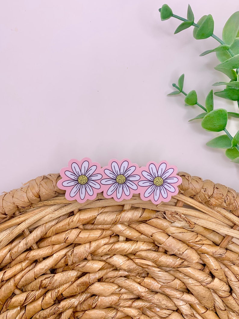 May include: Three daisy-shaped stickers with pink petals, white outlines, and yellow centers. The stickers are arranged horizontally on a woven, light brown surface. Green foliage is visible in the background.