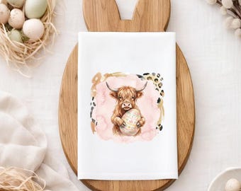 Highland Cow Easter Tea Towel, Easter Farm Towel, Spring Farmhouse Decor, Western Easter Dish Towel, Cute Easter Gift, Spring Cow Towel