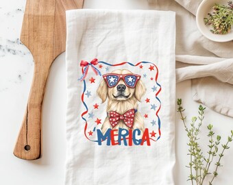 Golden Retriever 4th of July Kitchen Towel, Merica Dog Tea Towel, Patriotic Dog Kitchen Towel, Independence Day Towel, Dog Lover Gift