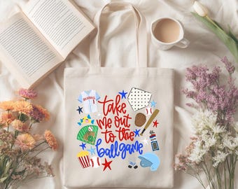 Take Me Out To The Ball Game Tote Bag, Baseball Tote, Game Day Bag, Baseball Mom Tote, Stadium Bag, Baseball Canvas Tote, Eco Friendly