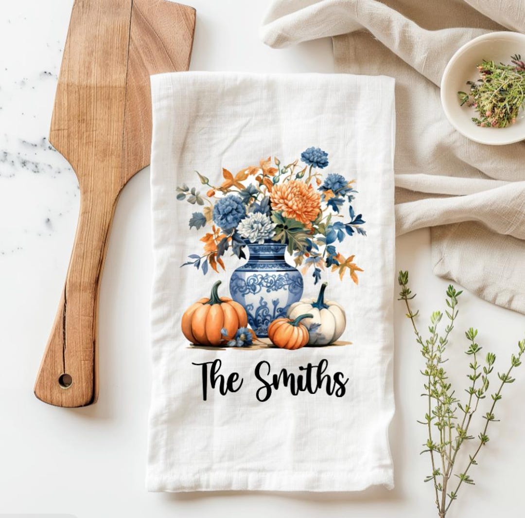 Blue Pumpkin Kitchen Towel, Chinoiserie Fall Tea Towel, Fall Tea Towel ...