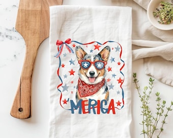Corgi 4th of July Kitchen Towel, Merica Dog Tea Towel, Patriotic Dog Kitchen Towel, Independence Day Towel, Dog Lover Gift, Corgi Tea Towel