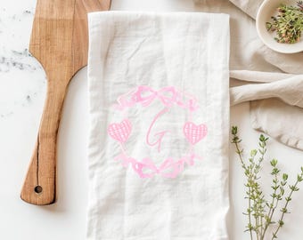 Custom Valentines Kitchen Towel, Custom Monogram Tea Towel, Coquette Heart Kitchen Towel, Personalized Chinoiserie Kitchen Towel, Wreath