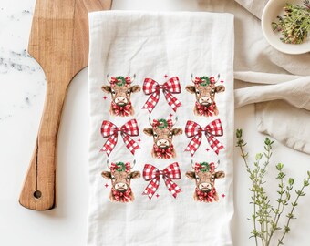 Coquette Christmas kitchen towel, western Christmas tea towel, highland cow tea towel, Christmas hand towel, Christmas highland cow towel
