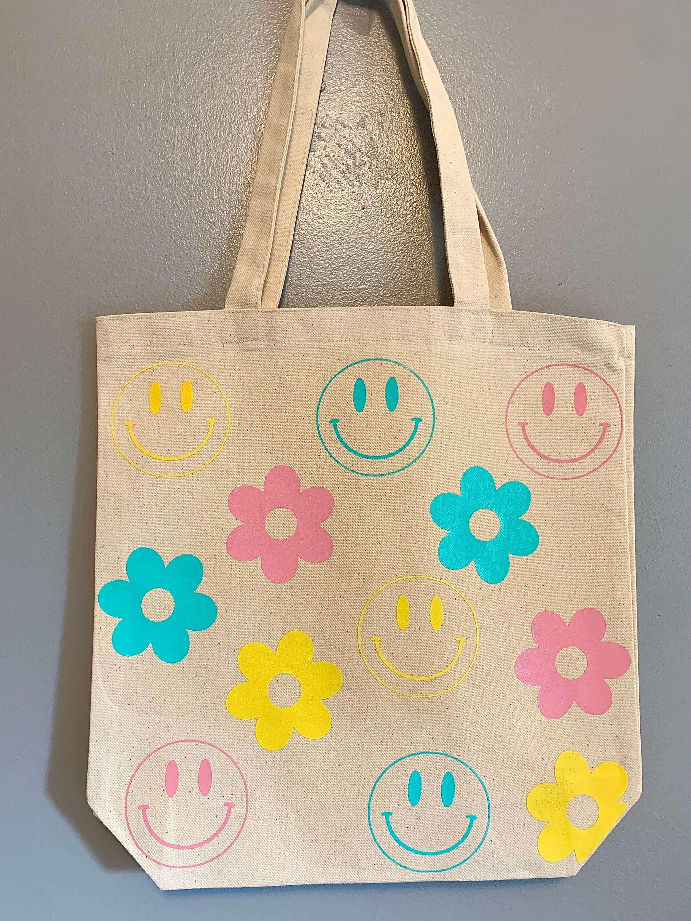 Smiley face retro flower tote bag smiley face tote retro Etsy