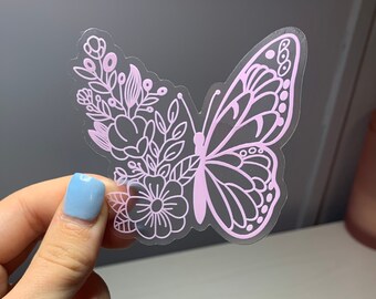 Clear pink butterfly sticker, butterfly floral sticker, laptop stickers, water bottle stickers, waterproof sticker, nature sticker, trendy