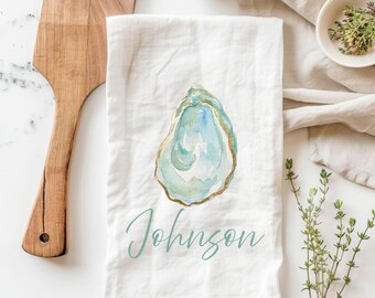 Personalized Oyster Kitchen Towel, Custom Name Coastal Dish Towel, Beach House Kitchen Towel, Sea Life Tea Towel, Ocean Kitchen Towel