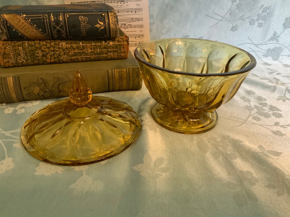Vintage Amber Glass Pedestal Bowl with Lid Sunburst and Etsy