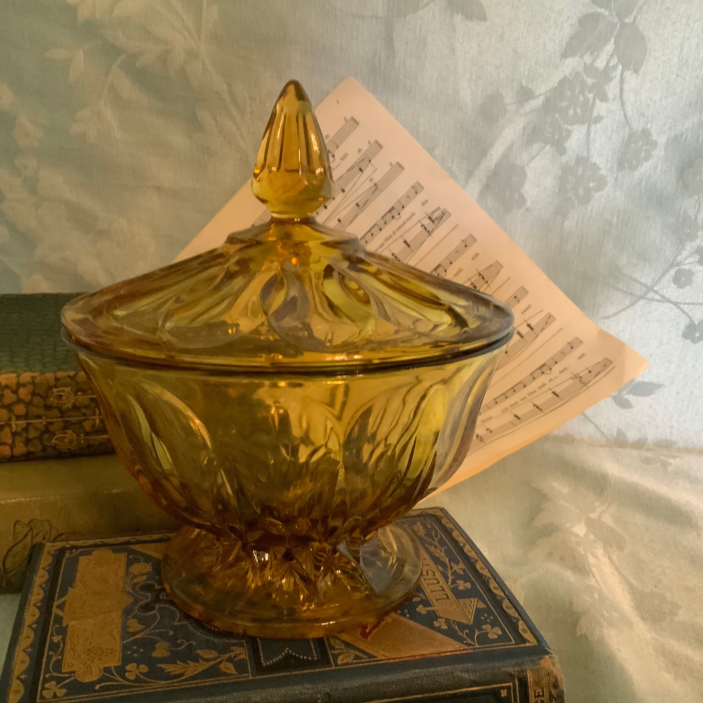Vintage Amber Glass Pedestal Bowl with Lid Sunburst and Etsy