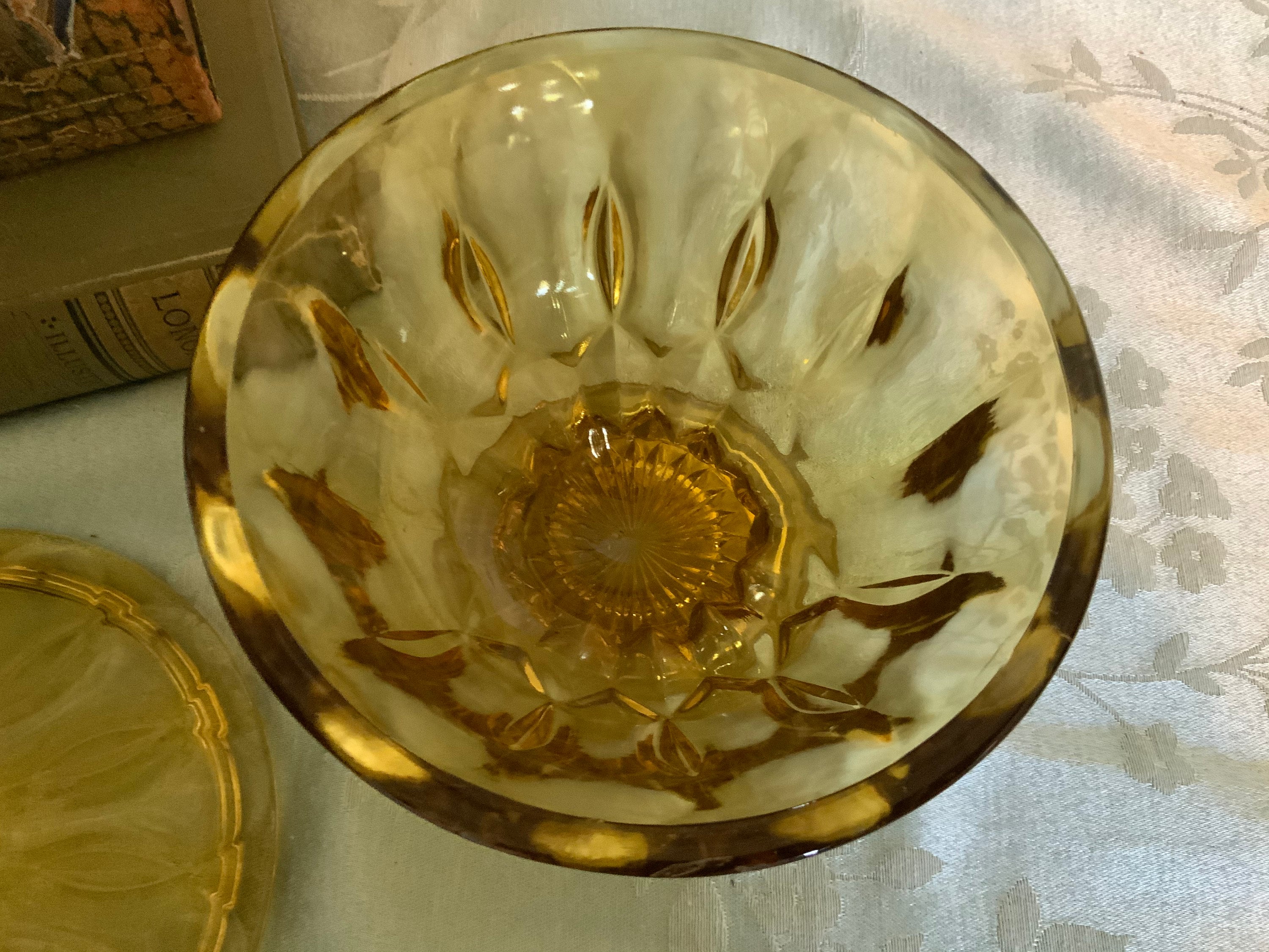 Vintage Amber Glass Pedestal Bowl with Lid Sunburst and Etsy