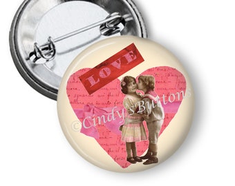 Kissing Children 1.25" or 2.25" Pinback Button Pin Love Valentine Sweetheart Heart Cupid