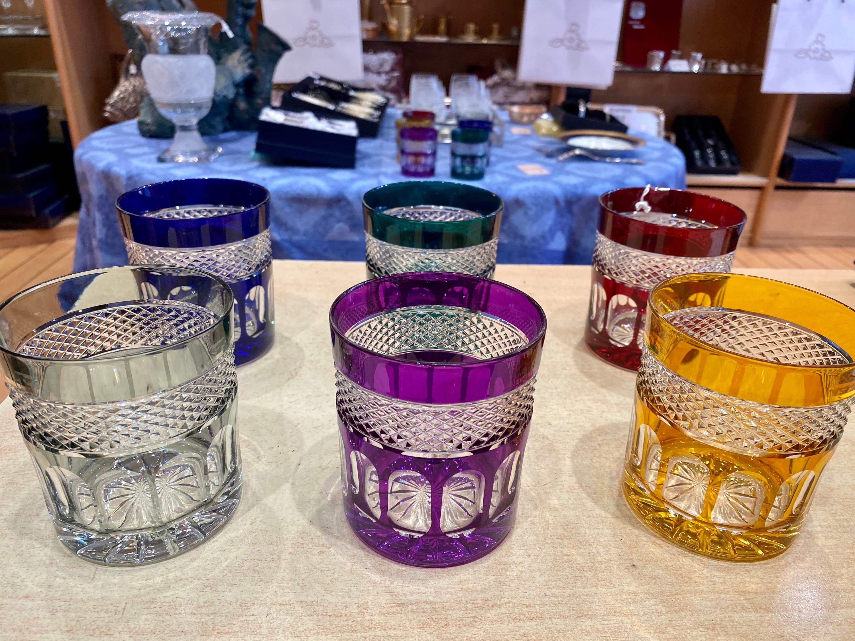 6 colored crystal whiskey glasses